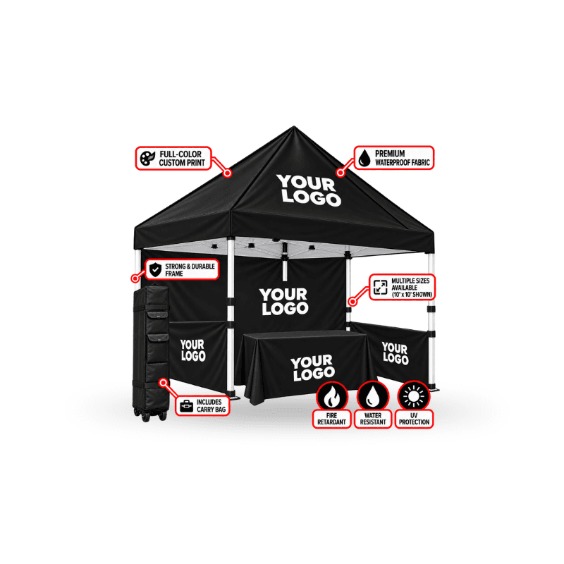 custom tent including aluminium frame and wheel carry bag full walls , 2 half walls and table cover
