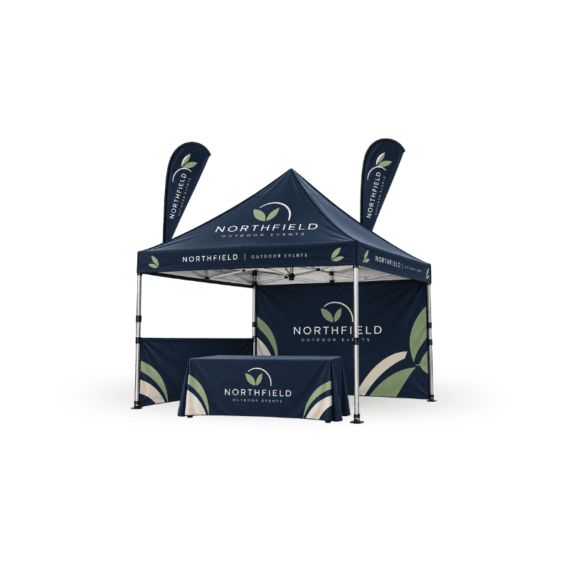 custom tent including aluminium frame and wheel carry bag with table covers and flags