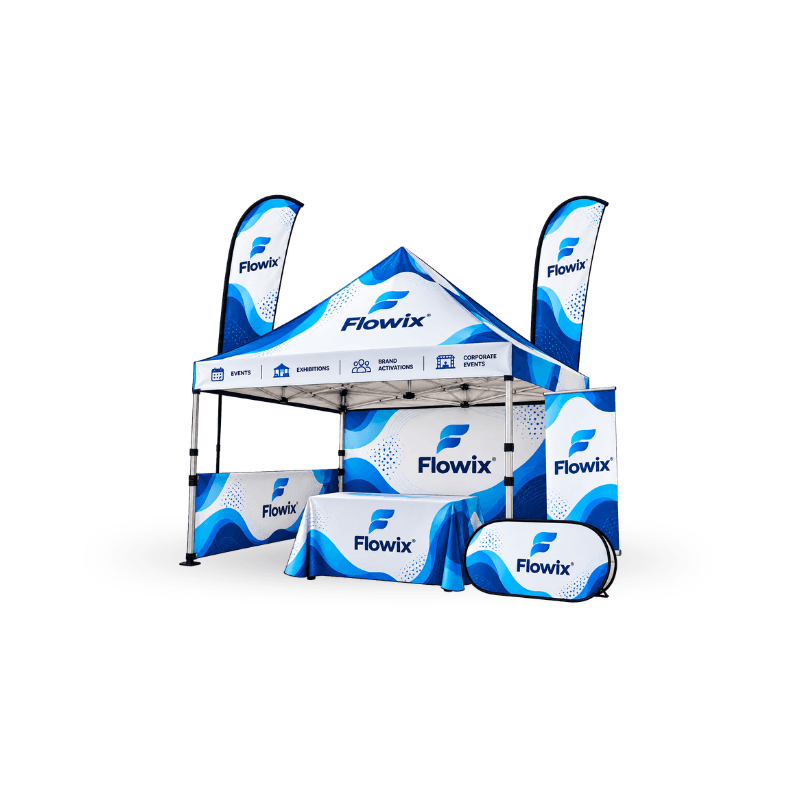 custom tent including aluminium frame and wheel carry bag table covers , flags & banners