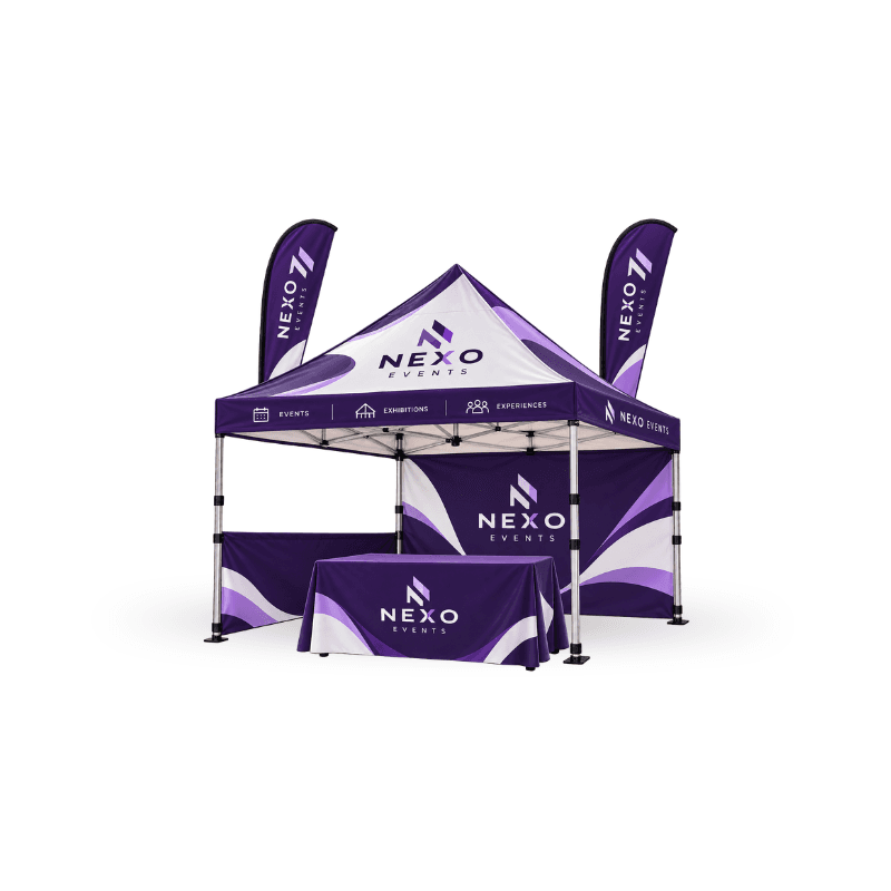 custom tent including aluminium frame and wheel carry bag with table covers and flags