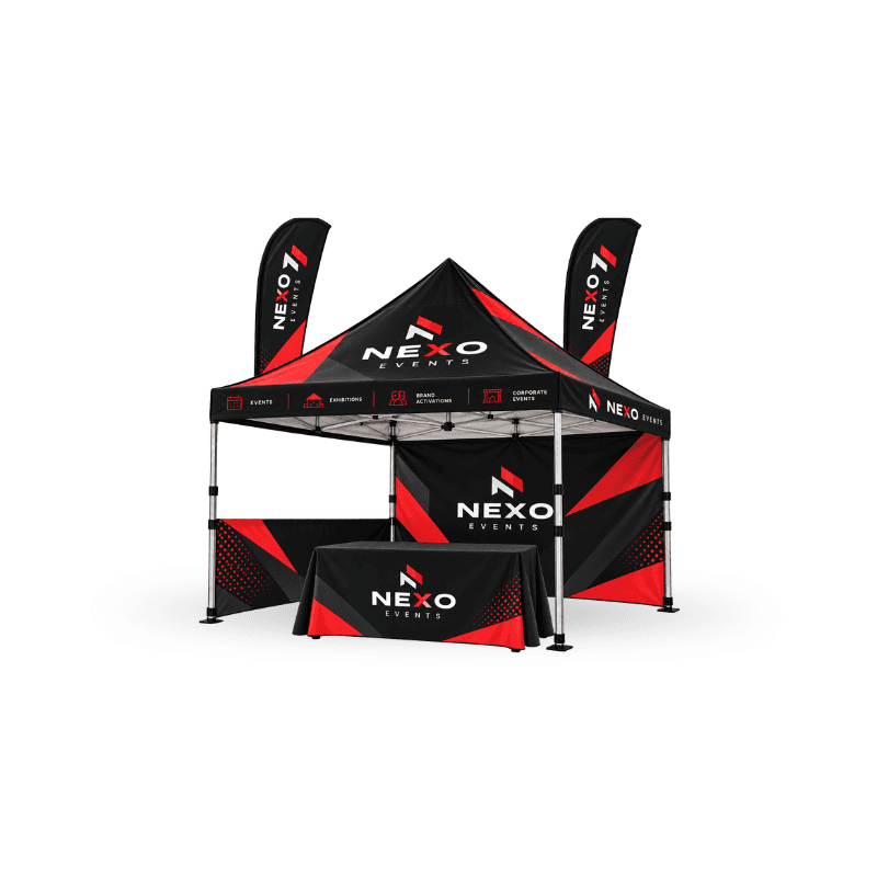 custom tent including aluminium frame and wheel carry bag with table covers and flags