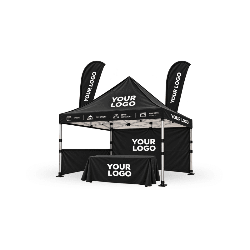 custom tent including aluminium frame and wheel carry bag with table covers and flags