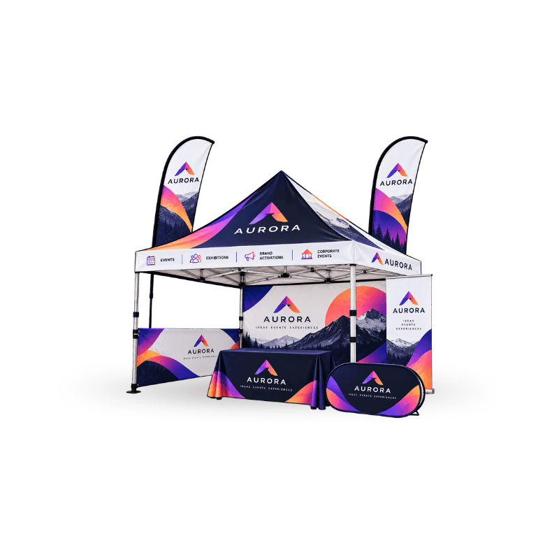 custom tent including aluminium frame and wheel carry bag table covers , flags & banners