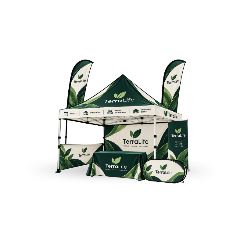 custom tent including aluminium frame and wheel carry bag table covers , flags & banners