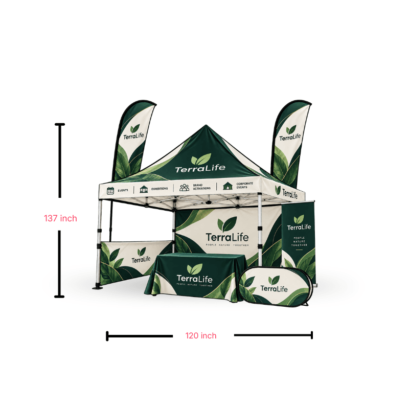 custom tent including aluminium frame and wheel carry bag table covers , flags & banners