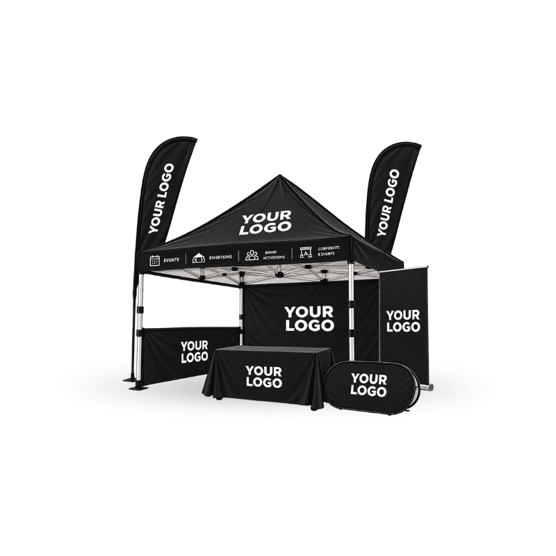 custom tent including aluminium frame and wheel carry bag table covers , flags & banners